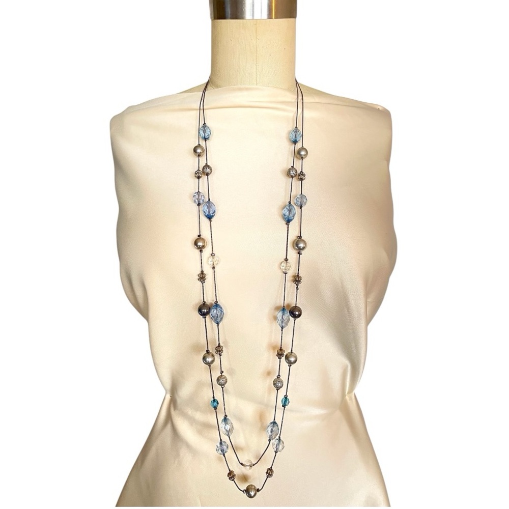 Vintage Extra long multilayered beaded chain necklace faceted crystals blue - Picture 4 of 9
